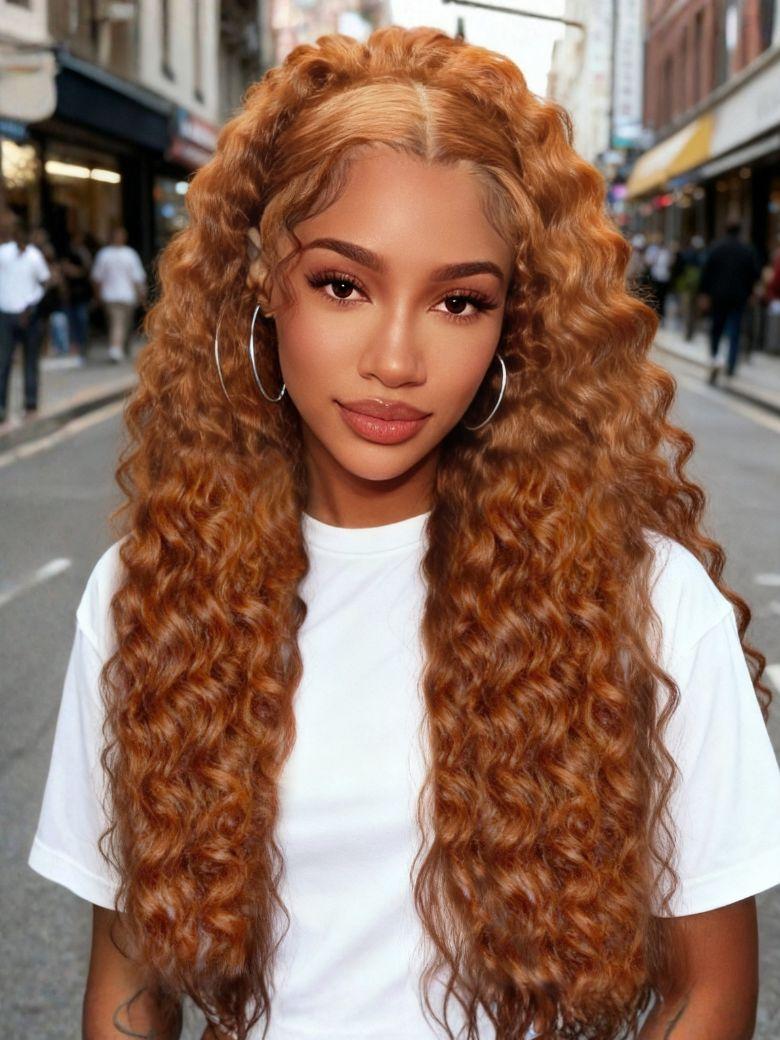 A model displays the UNice Limited Quantity Pumpkin Spice 13x4 Pre-Everything Lace Frontal Side Part, showing a model with long curly hair and a white shirt and loose.
