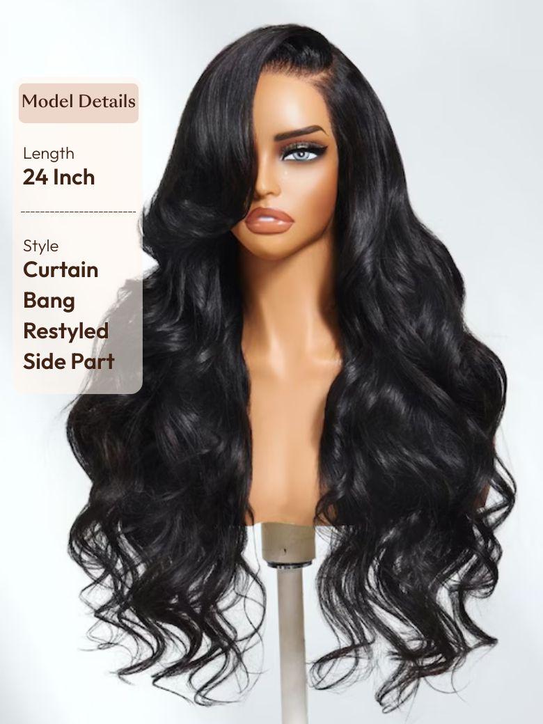 The UNice 13x4 HD Real Scalp Wig Pull And Go Drawstring Loose Wave with Face Framing image highlights Model Details, Length, 24Inch, Style, long wavy wig with bangs.