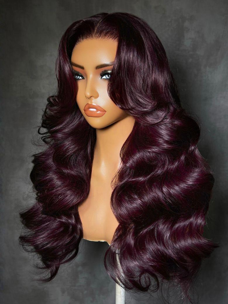 The UNice Purple Black Cherry Loose Wave Invisi Drawstring 7x5 Bye Bye Knots Lace wig product image shows a wig with long dark purple hair and loose wave texture, black.