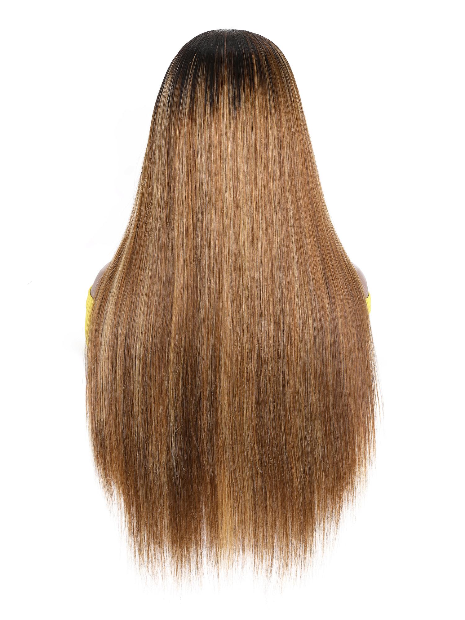 A model displays the UNice Ombre Dark Roots Honey Blonde Human Hair Wig 150% Density Headband Straight, showing a model with long brown hair and straight texture, honey.