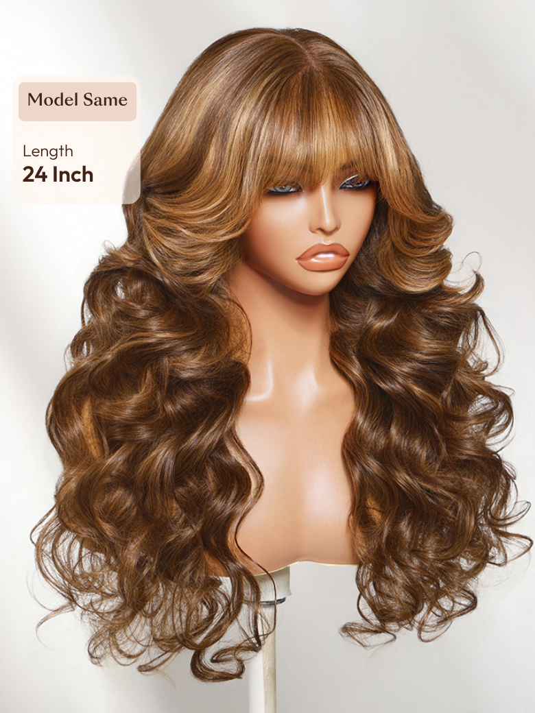 A model displays the UNice 13x4 Bye Bye Slip Lace Frontal Soft Ombre Caramel Brown Balayage Body Wave Wig, showing a wig with long wavy hair and a brown wig and body.