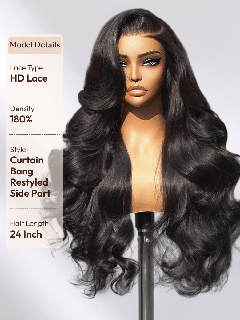 The UNice 20"-24" UNice 13x4 Pre-Everything HD Lace & Transparent Lace Front 3D Body wig image highlights Model Details, Lace Type, HDLace, Density, a wig with long hair.