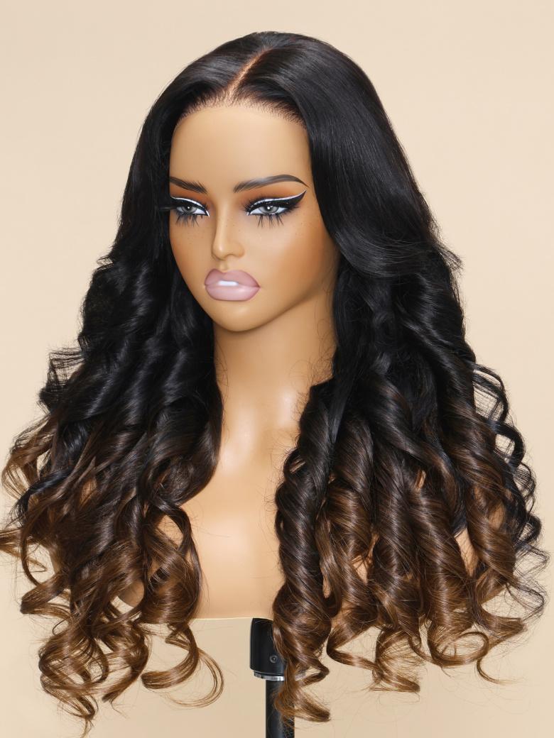 The UNice Magic Lace Wig Black to Chestnut Brown Ombre Body Wave With Optional 7x5 visual image position 10 shows a wig with long wavy hair | body wave texture, ombre.