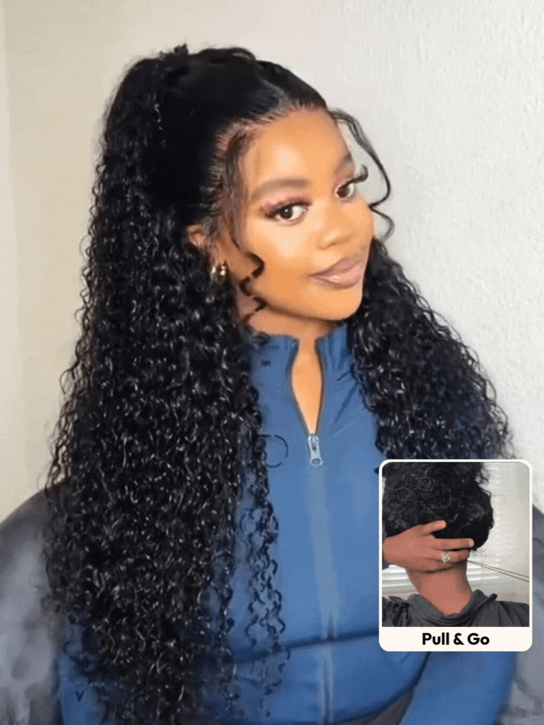 A model displays the UNice 7x5 Lace Bye Bye Knots Black Defined Coils 3C-4A Blend Curly Wig with Invisi, showing a model with long black hair and a blue shirt and curly.