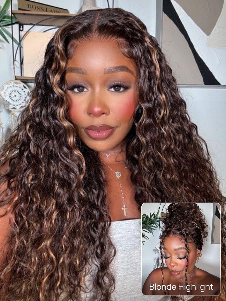 The UNice Human Hair Bye Bye Knots 7x5 Lace Dark Toffee Brown with Auburn Highlights wig visual image position 2 shows a model with long curly hair and a white shirt |.