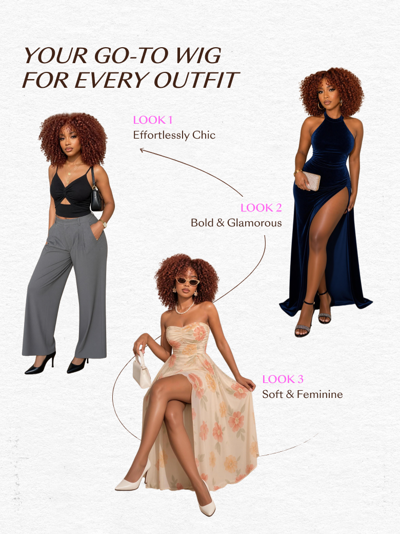 A model displays the UNice 7x5 Bye Bye Slip Wig Glueless Lace Sunset Afro Kinky Curly & Jerry Curly for, showing a woman in a dress and a woman in a dress and kinky.