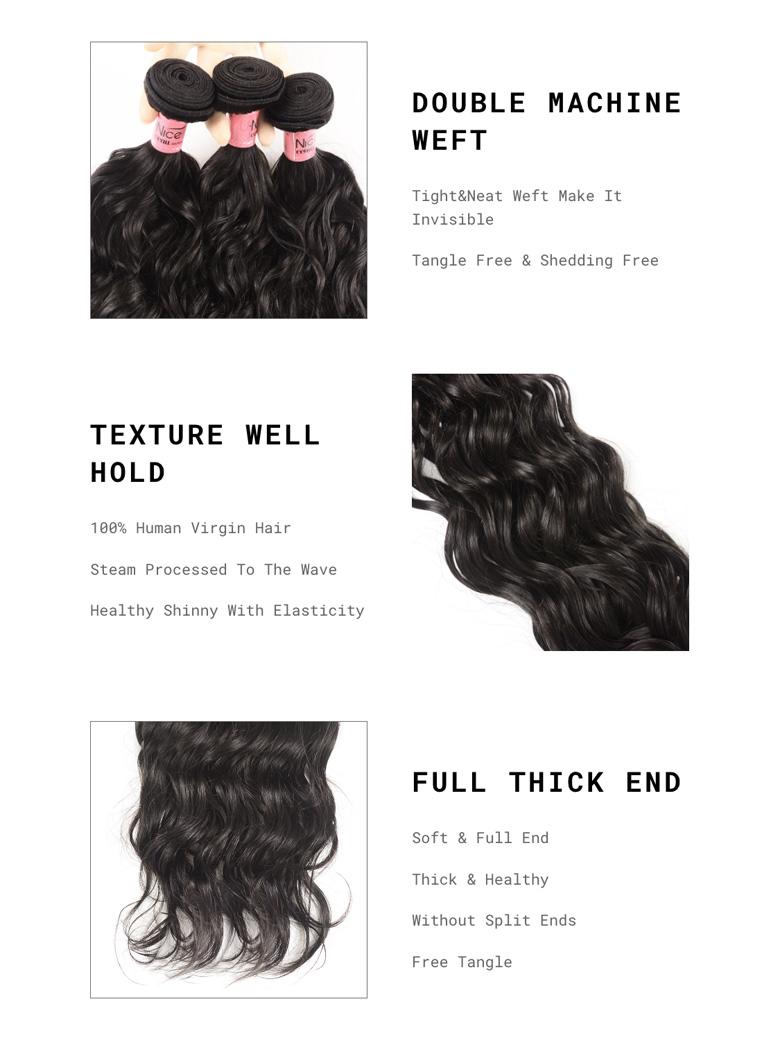 The UNice Hair Icenu Series Hair Products 1Bundle Virgin Human Hair Natural Wave image highlights DOUBLE MACHINE, WEFT, Tight&Neat Weft Make It, Invisible, the different.