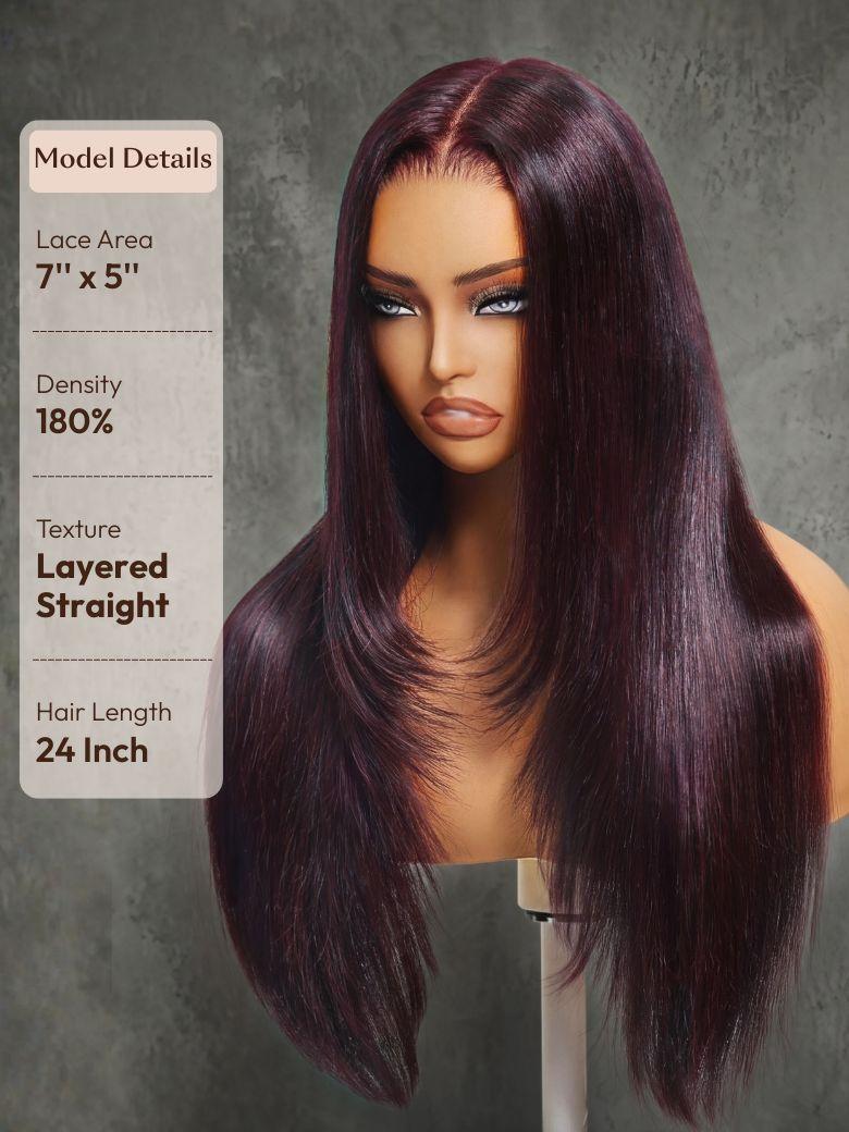 The UNice 7x5 & 13x4 Bye Bye Slip Glueless Lace Purple Black Cherry Loose Wave & Layered visual image position 10 shows a wig with long hair and a long fringe | visible.