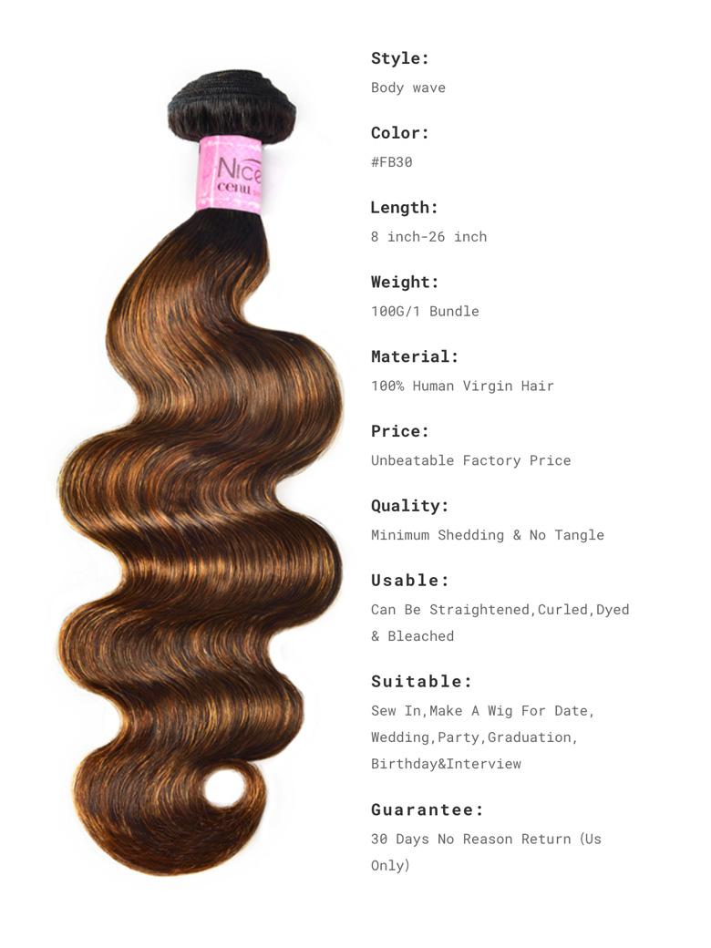 The UNice Brown Balayage 4x4 Lace Closure With 3Pcs Body Wave Bundles image highlights Style, Body wave, Color, NIce, a diagram showing the different lengths of the body.
