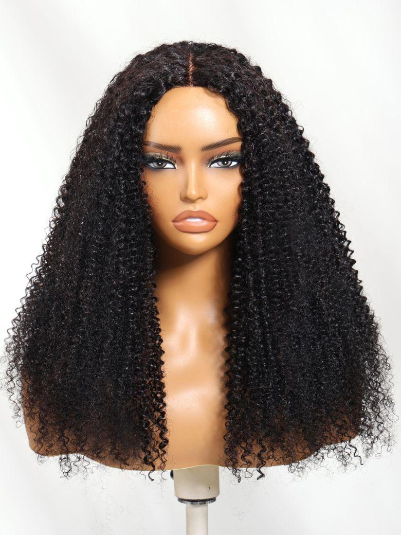 The UNice Limited Time UNice Maxreal Half Wig 2x4 Lace Part Black Kinky Curly Wig product image shows a wig with curly hair on a mann and kinky curly texture, curly.