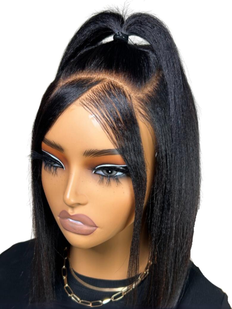 The UNice 13x4 Lace Front Yaki Bob Wig With Invisible Drawstring Pre-Cut, Pre-Bleached & product image shows a black mann wig with long hair and yaki texture, 13x4, lace.