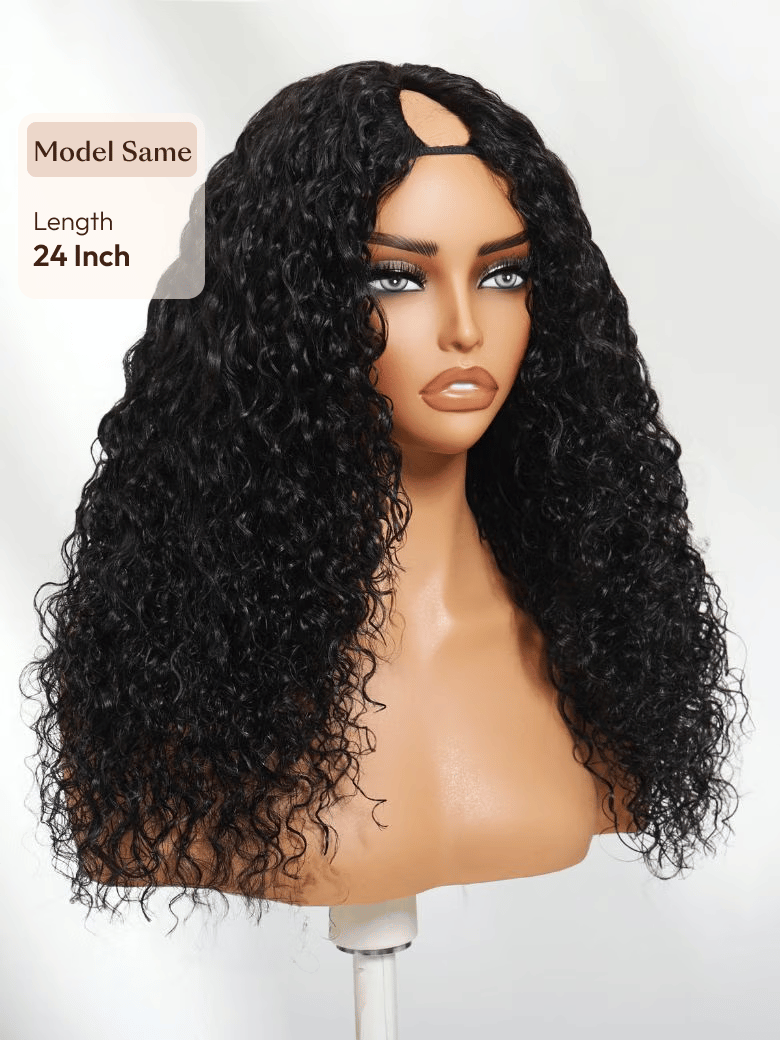 The UNice With Drawstring Invisi Blend V Part Bouncy Water Wave Curly Seamless Blending wig image highlights Model Same, Length, 24Inch, a wig with curly hair and bangs.