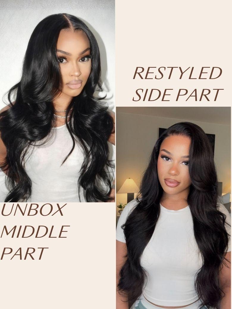 A model displays the UNice 13x4 HD Real Scalp Wig Pull And Go Drawstring Loose Wave with Face Framing, showing a model with long black hair and a white top and loose.