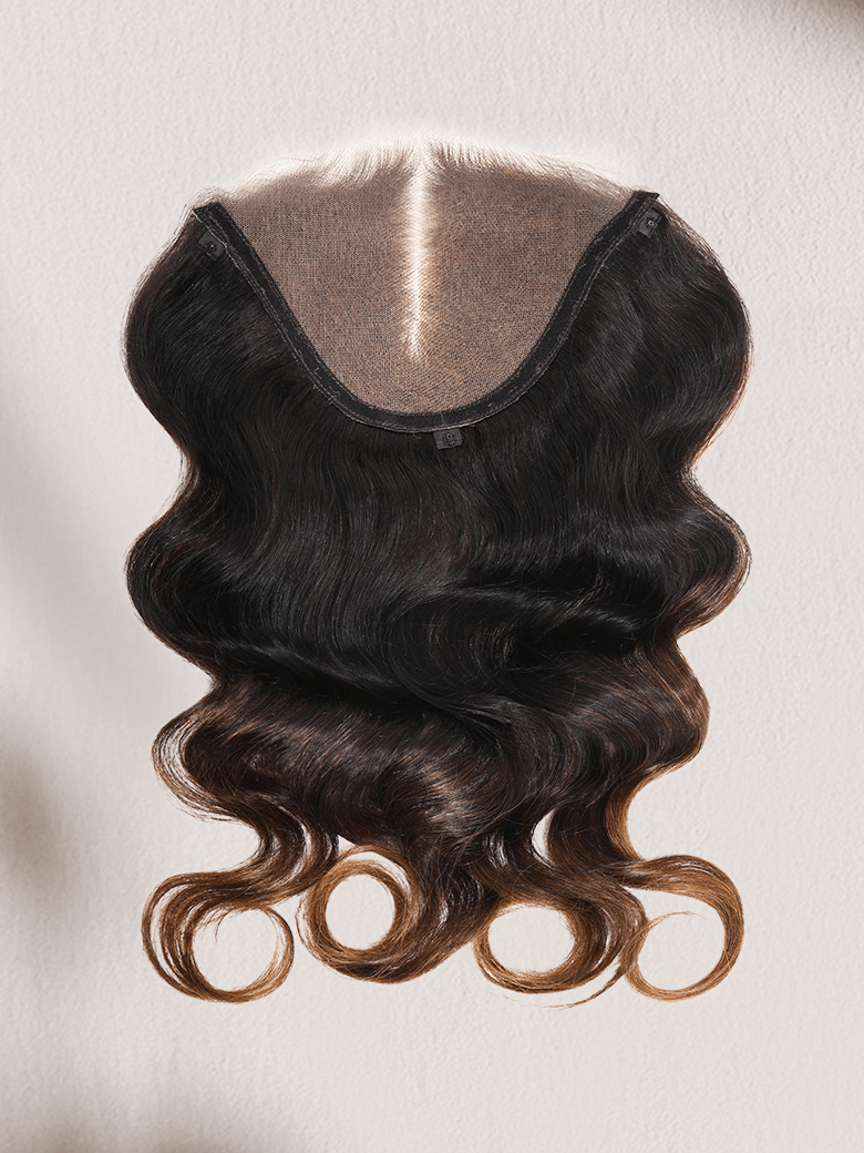 A model displays the UNice Light Brown & Golden Blonde Highlights Body Wave Replaceable Lace Closure For, showing a woman ' s hair is displayed on a manne and body wave.