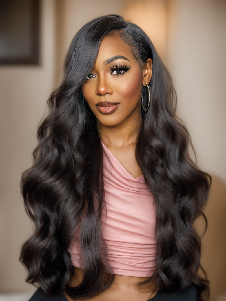 A model displays the UNice 22''= $89 Beginner Friendly V Part 150% Density Natural Black Body Wave Wig, showing a model with long black hair and a pink top and body wave.