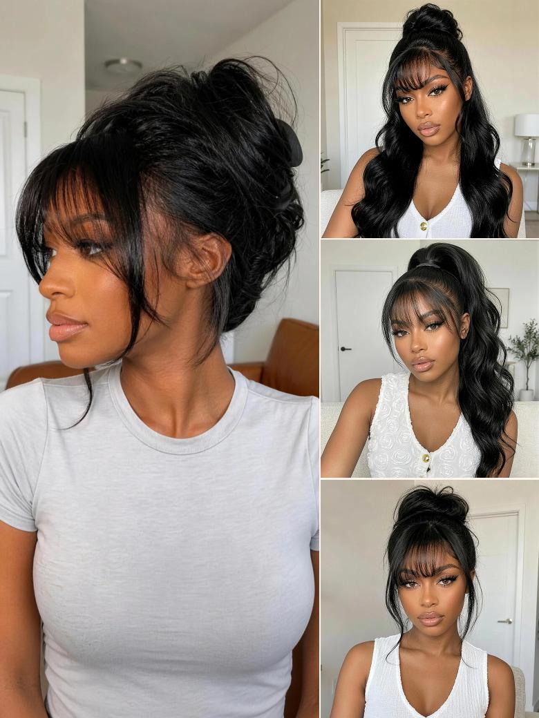 A model displays the UNice 7x5 & 13x4 Bye Bye Slip Pull & Go Black Fluffy Loose Wave Wispy Bangs Glueless, showing a model with long hair in a messy ponytail and loose.