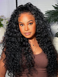A model displays the UNice Blend & Secure 10 seconds flip-over Half Wig Water Wave Glueless Wig With, showing a model with long curly hair and brown top and water wave.