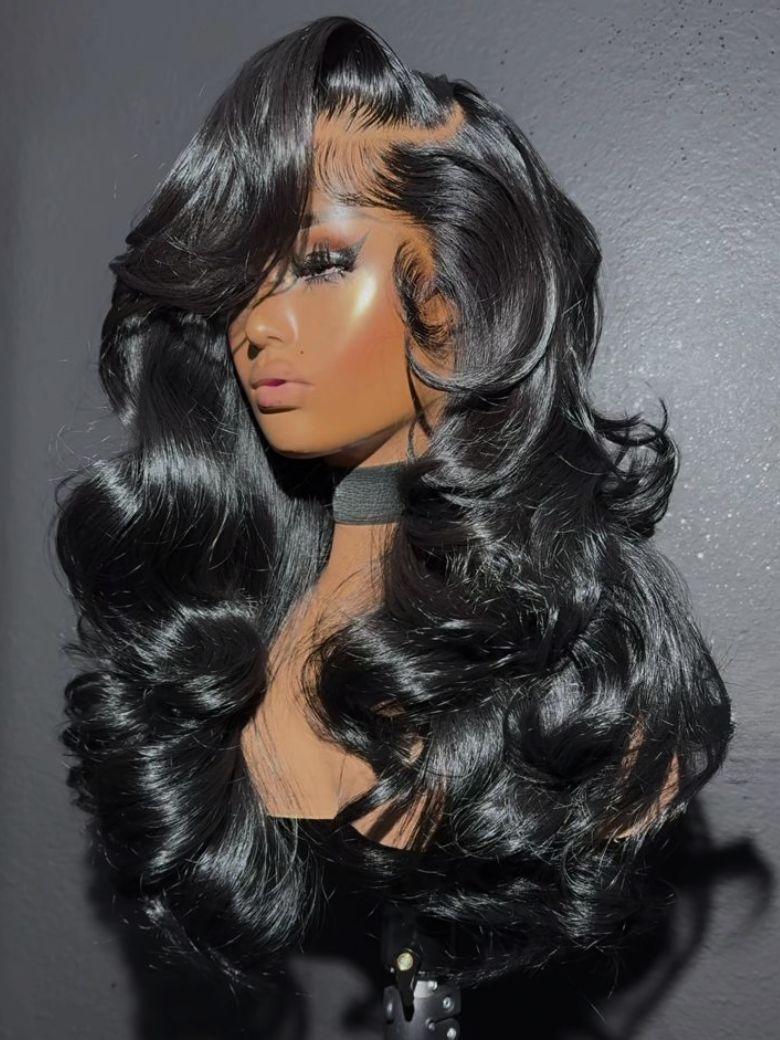 A model displays the UNice 13x4 Pre-Everything Wig With Face-Framing Layers And Side-Swept Bangs With, showing a wig with long black hair and 13x4, drawstring fit.