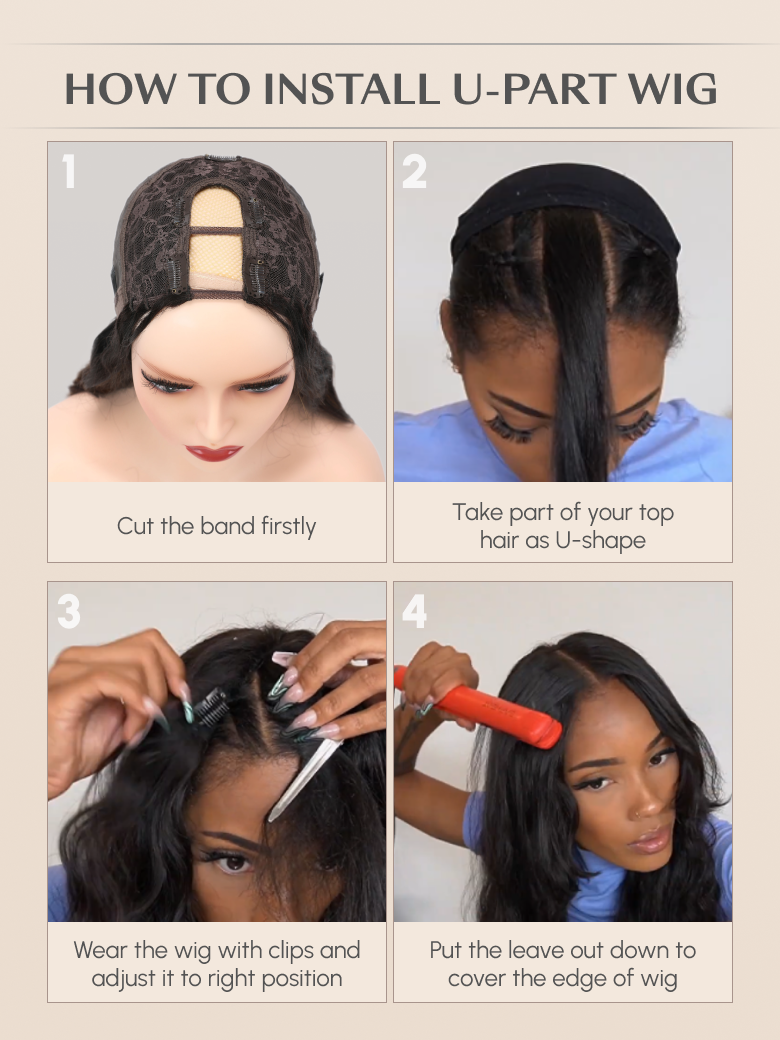 The UNice Stylish Golden Highlights Add Depth To Body Wave Texture&&Human Hair Wig & Can image highlights HOWTOINSTALLU-PARTWIG, Cut theband firstly, Takepartofyourtop.