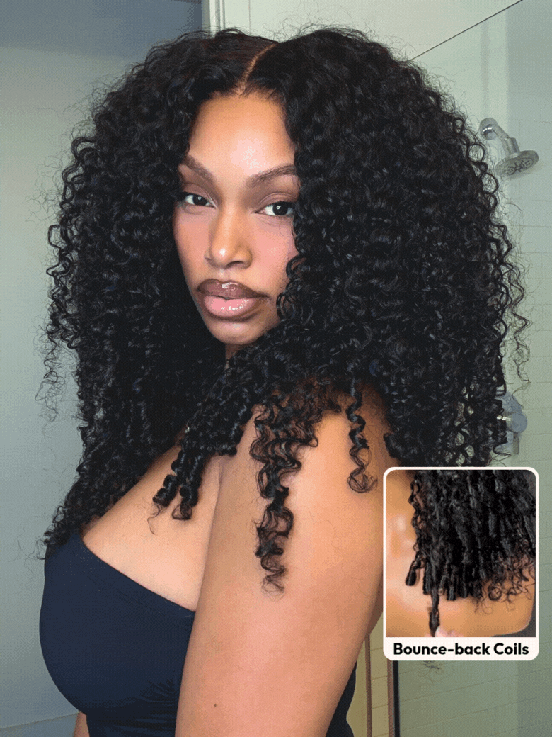 A model displays the UNice 20"-24" UNice Bye Bye Knots 7x5 Lace & 13x4 Pre-Everything Curly Texture wig, showing a model with long curly hair in a bathroom and curly.