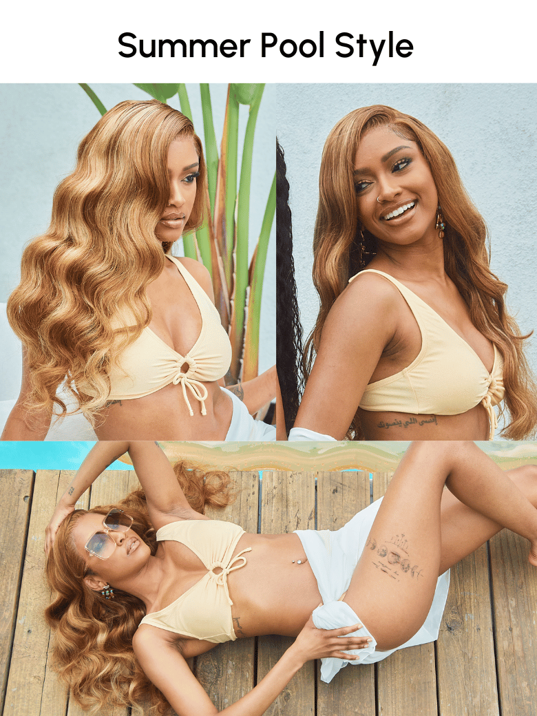 A model displays the UNice 7x5 ByeBye Knots Wig Glueless Lace Honey Blonde 3D Body Wave Wig With Bleached, showing a woman in a bikini top and panties and body wave.