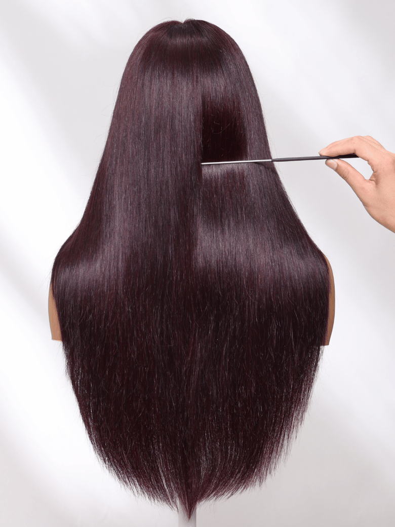 A model displays the UNice 7x5 Byebye Knots Lace Black Cherry Layered Straight Hair Wig 150% Density, showing a model with long dark hair and straight texture, black.