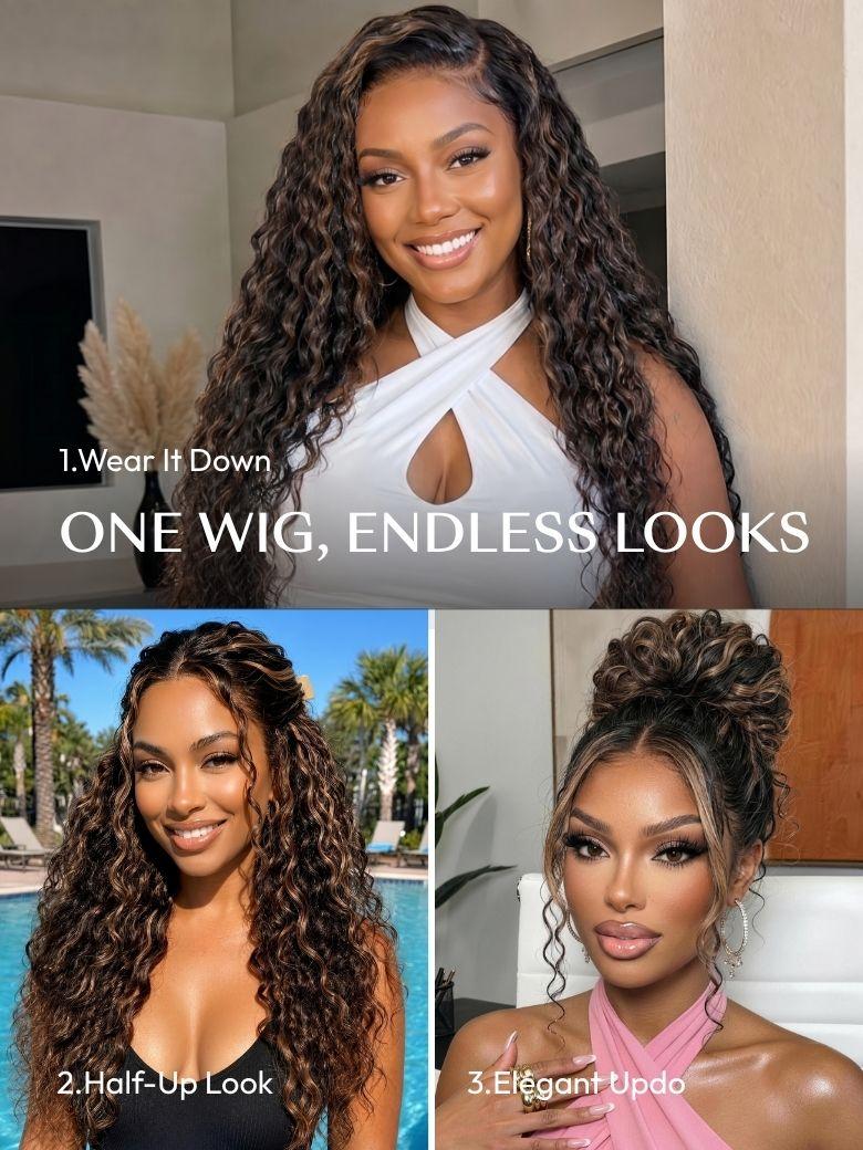 UNice 7x5 Bye-Bye Slip™ Lace 100% Human Hair Water Wave Wig with Golden Brown Highlights Glueless Summer-Ready