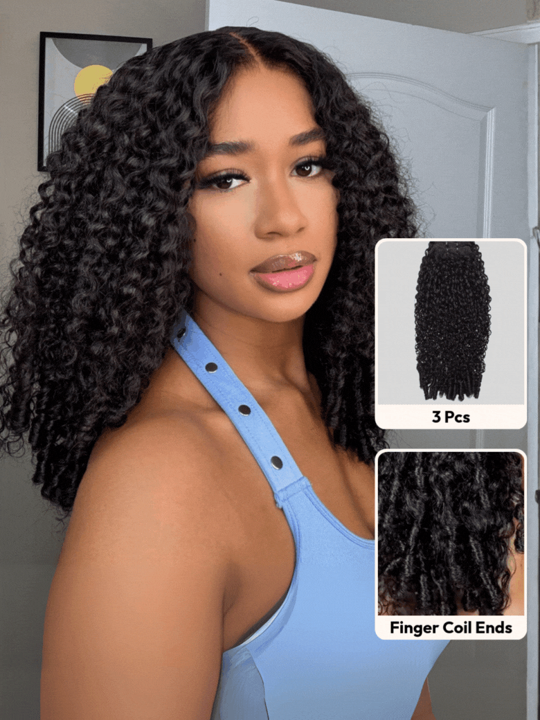 A model displays the UNice 3 Pcs/pack Burmese Curly Human Hair 3 Bundles With Twist Out Ends, showing a model with long curly hair and a blue tank top and Burmese curly.