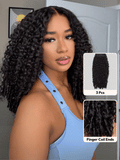 A model displays the UNice 3 Pcs/pack Burmese Curly Human Hair 3 Bundles With Twist Out Ends, showing a model with long curly hair and a blue tank top and Burmese curly.