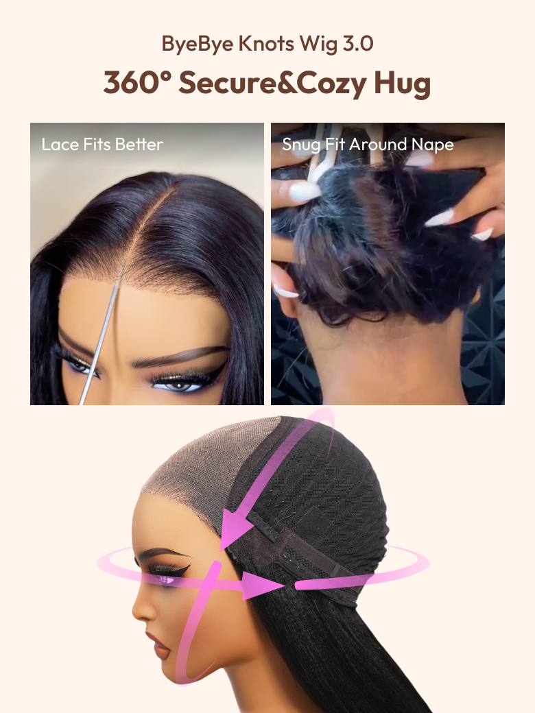 A model displays the UNice ByeBye Knots Wig 7x5 Glueless Lace Black Yaki Straight Wig With Elastic, showing a model with long hair and a pink ribbon around her head.