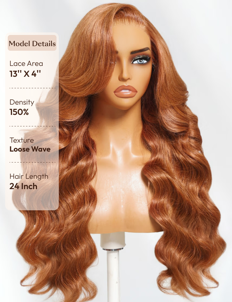 The UNice Limited Quantity Pumpkin Spice 13x4 Pre-Everything Lace Frontal Side Part image highlights ModelDetails, LaceArea, 13"X 4", Density, a wig with long wavy hair.