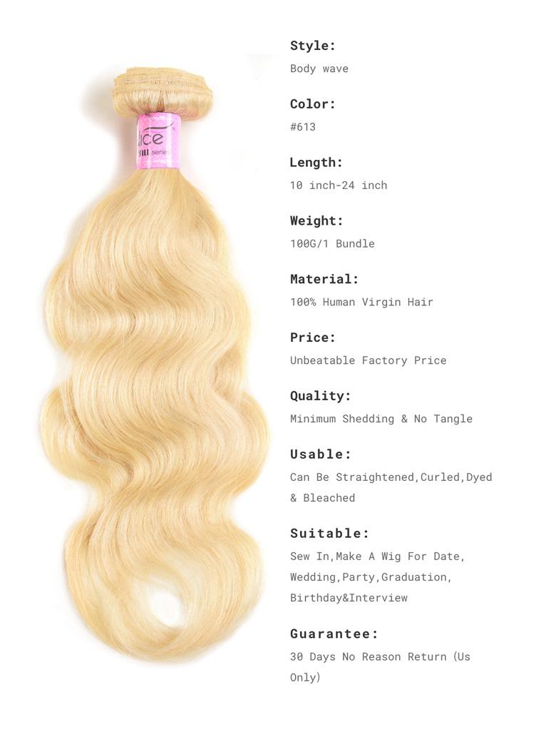 The UNice 3Pcs 613 Blonde Human Hair Weft Body Wave Bundles image highlights Style, Body wave, Color, Length, blonde blonde blonde body wave hair extensions and body.