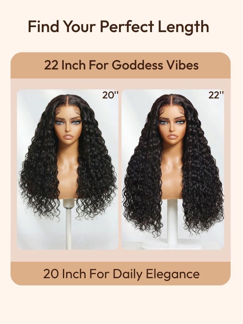 The UNice 7x5 Bye Bye Slip Glueless Water Wave Drawstring Wig With Baby Hair image highlights Find Your Perfect Length, 22 Inch For Goddess Vibes, 20 Inch ForDaily.