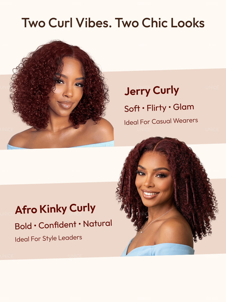 A model displays the UNice 7x5 Bye Bye Knots Wig Glueless Lace Sunset Reddish Brown Jerry Curly/ Afro, showing two curly wigs with bangs and straight texture, yaki.