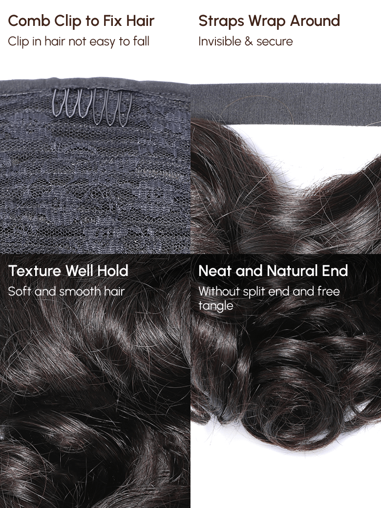 The UNice Machine-Made Natural Black Loose Wave Clip-In Ponytail Extension image highlights CombCliptoFixHair, StrapsWrapAround, Clipinhairnoteasytofall.
