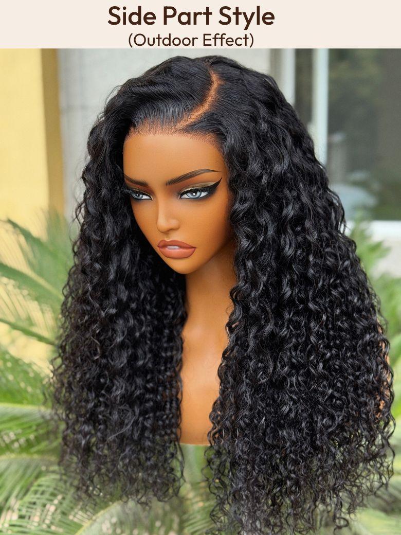 The UNice 13x4 Pre-Everything Lace Frontal Natural Black Bouncy Water Wave Curly image highlights Side PartStyle, (OutdoorEffect), a long curly wig with a full wig.