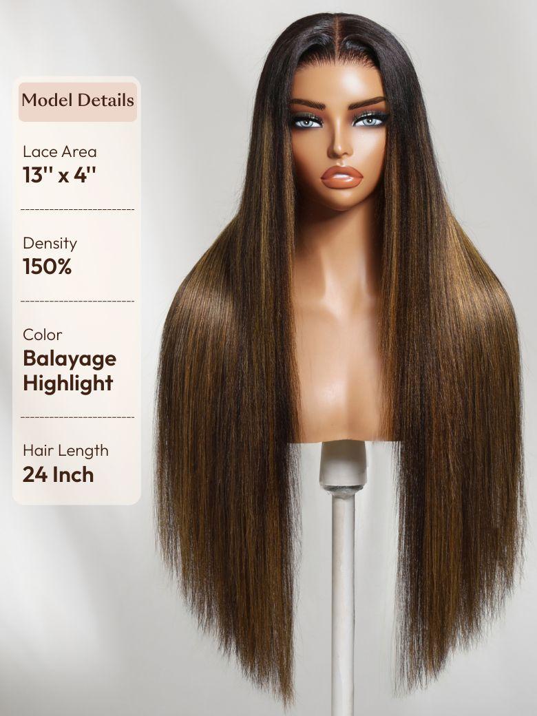The UNice 20''-24'' UNice 7x5 Bye Bye Knots Wig Glueless Lace Natural Black Yaki image highlights Model Details, LaceArea, 13"x4"", Density, a wig with long hair.