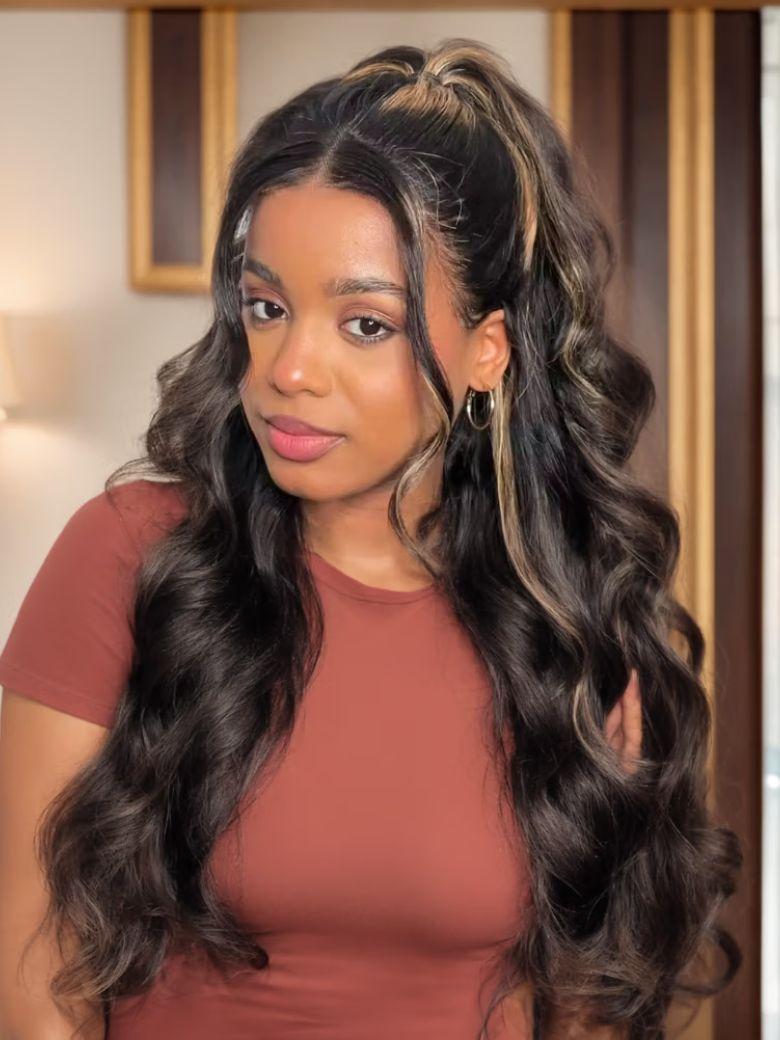 A model displays the UNICE $129 Surprise Box Win 13x4 Lace 200% Density Wig Value $299-$399, showing a model with long hair and a red top and 13x4, lace finish.