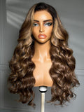 The UNice Bye Bye Slip 7x5 Lace Glueless Ash Brown Highlights Luxury Body Wave wig product image shows a wig with long wavy hair and brown highlights and body wave.