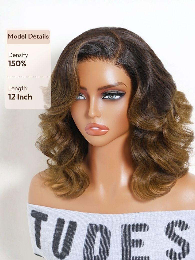 A model displays the UNice 13x4 Bye Bye Slip Lace Frontal Soft Water Wave Glueless Wig with Fluffy Loose, showing a woman holding a coconut and a drink and water wave.