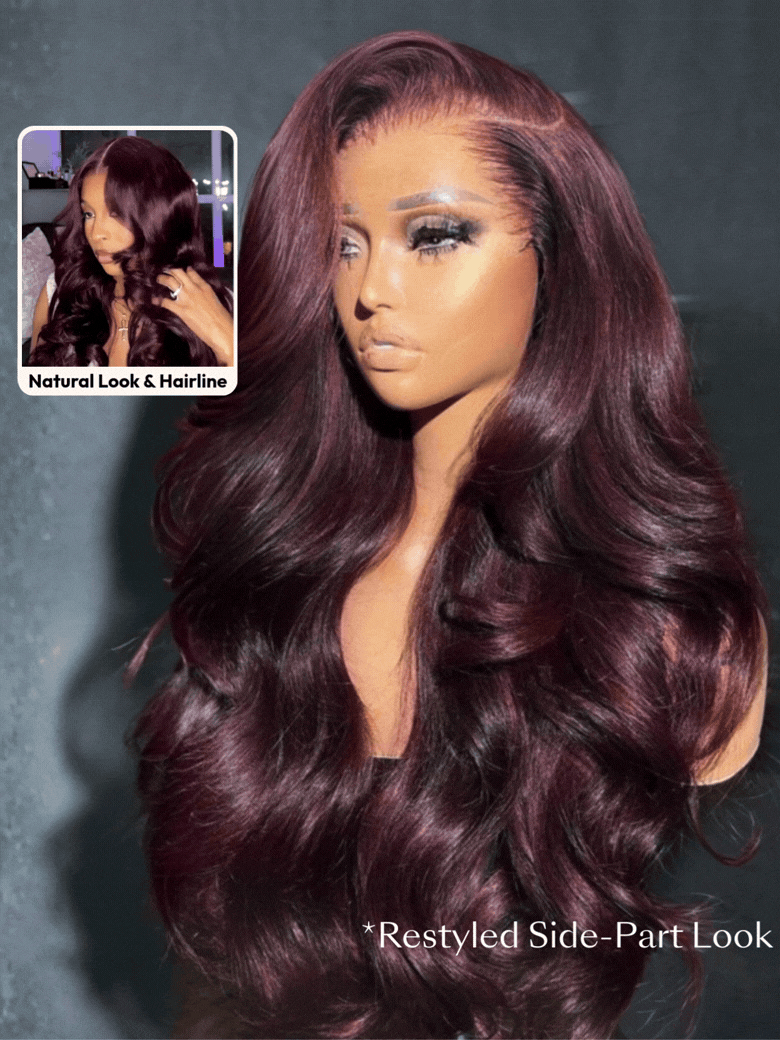 The UNice Purple Black Cherry Loose Wave Invisi Drawstring 7x5 Bye Bye Knots Lace wig image highlights Natural Look&Hairline, *Restyled Side-Part Look, burgundy burgundy.