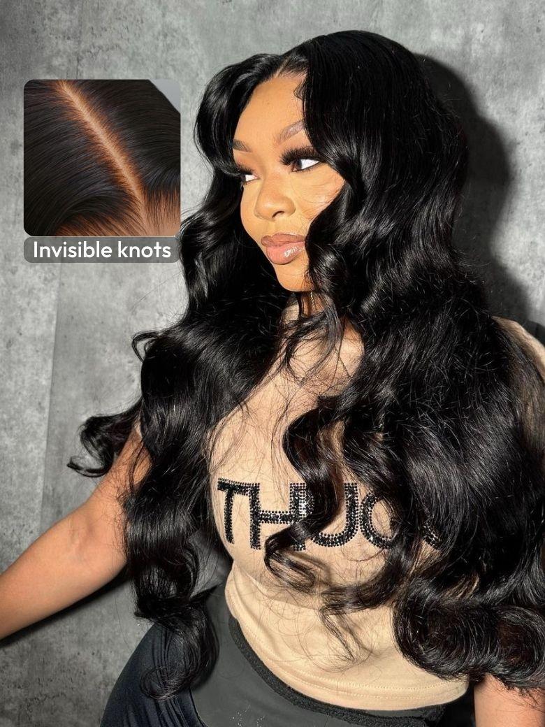A model displays the UNice Bye Bye Slip 7x5 Glueless Lace Body Wave Lace Front Drawstring Wig, showing a model with long black hair wearing a wig and body wave texture.
