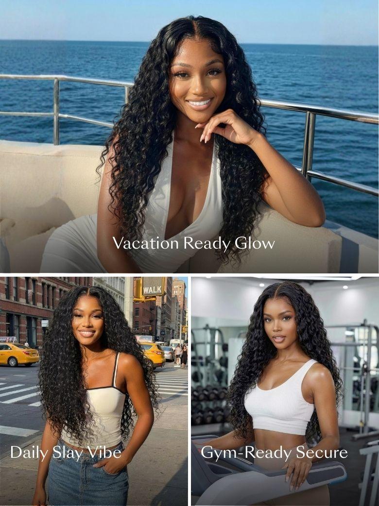A model displays the UNice 13x4 Pre-Everything Pre-Cut HD & Transparent Lace Front Water Wave Drawstring wig, showing a model with long curly hair and a white top.