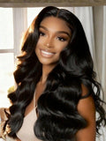 A model displays the UNice Hair Bundle Body Wave Human Weave Hair, showing a model with long black hair and a white dress and body wave texture, bundle fullness.
