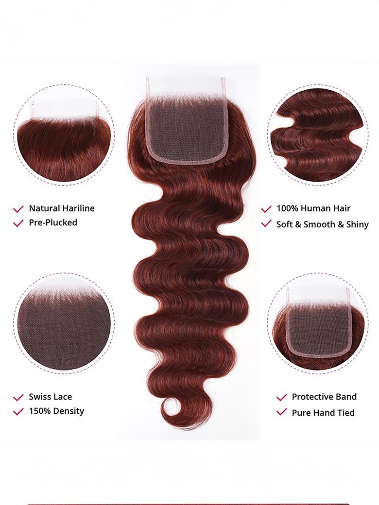 The UNice Dark Auburn Body Wave Remy Human Hair 4 Bundles With Closure Deal image highlights NaturalHariline, 100%HumanHair, Pre-Plucked, Soft&Smooth&Shiny, body wave.