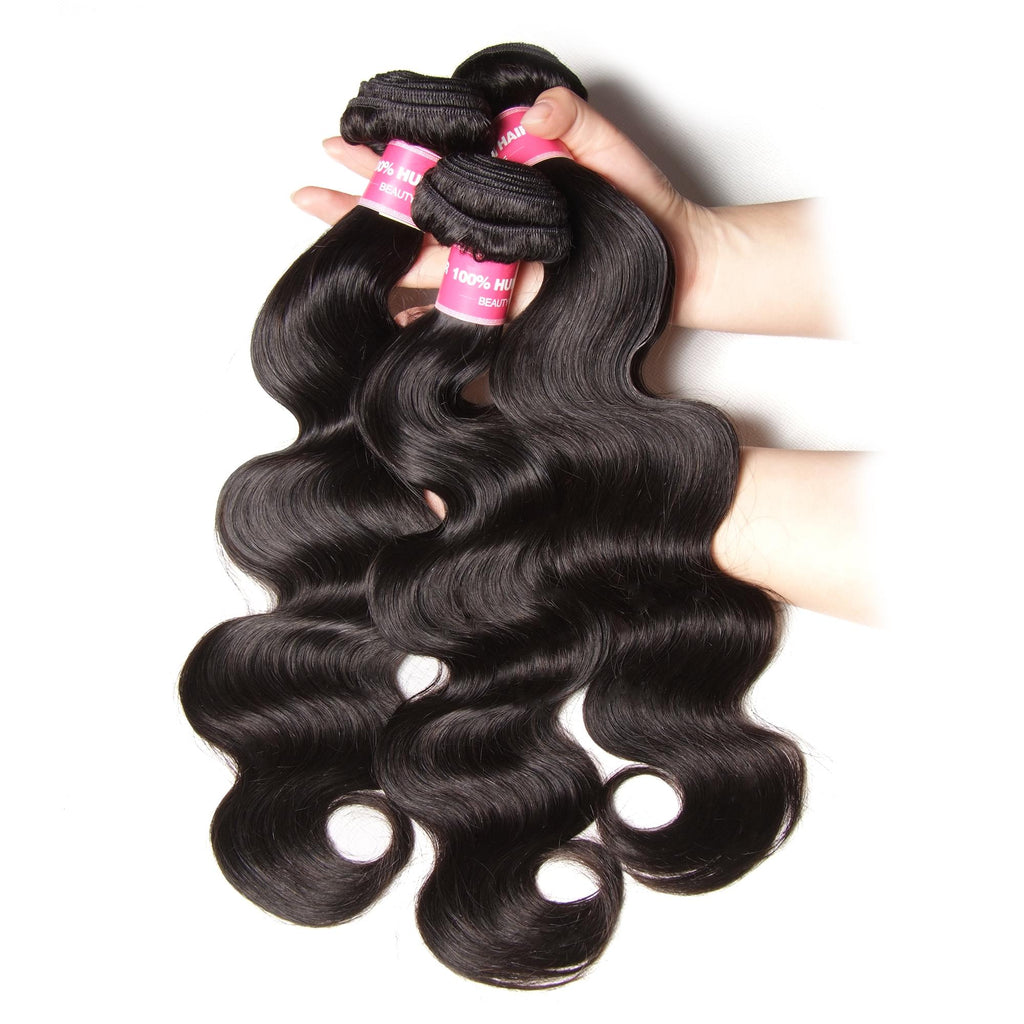 The UNice Hair 3 Bundles Malaysian Body Wave Virgin Hair image highlights 100%HU, BEAUM, body wave hair extensions and body wave texture, bundle fullness.