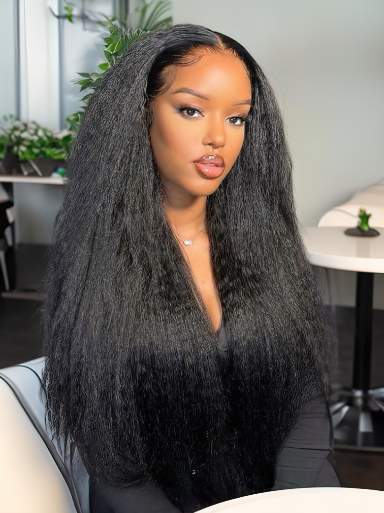 A model displays the UNice '' UNice Kinky Straight Glueless13x4 Lace Front Wig Virgin Human Hair Wig, showing a model with long black hair sitting in a chair and kinky.