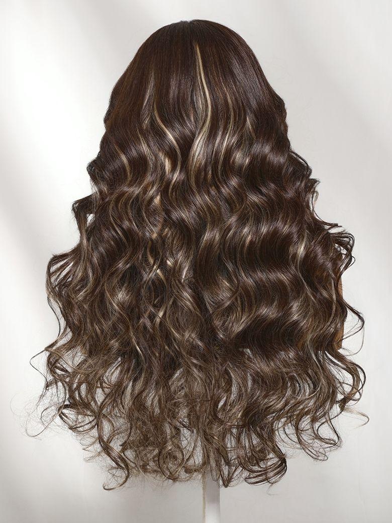 The UNice Bye Bye Slip 7x5 Lace Glueless Ash Brown Highlights Luxury Body Wave wig image highlights Model Same, Length, 24Inch, a wig with long wavy hair and brown.