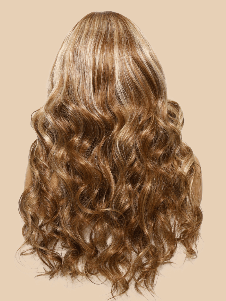 A model displays the UNice 7x5 ByeBye Knots Wig Glueless Lace Honey Blonde 3D Body Wave Wig With Bleached, showing a model with long brown hair and body wave texture.