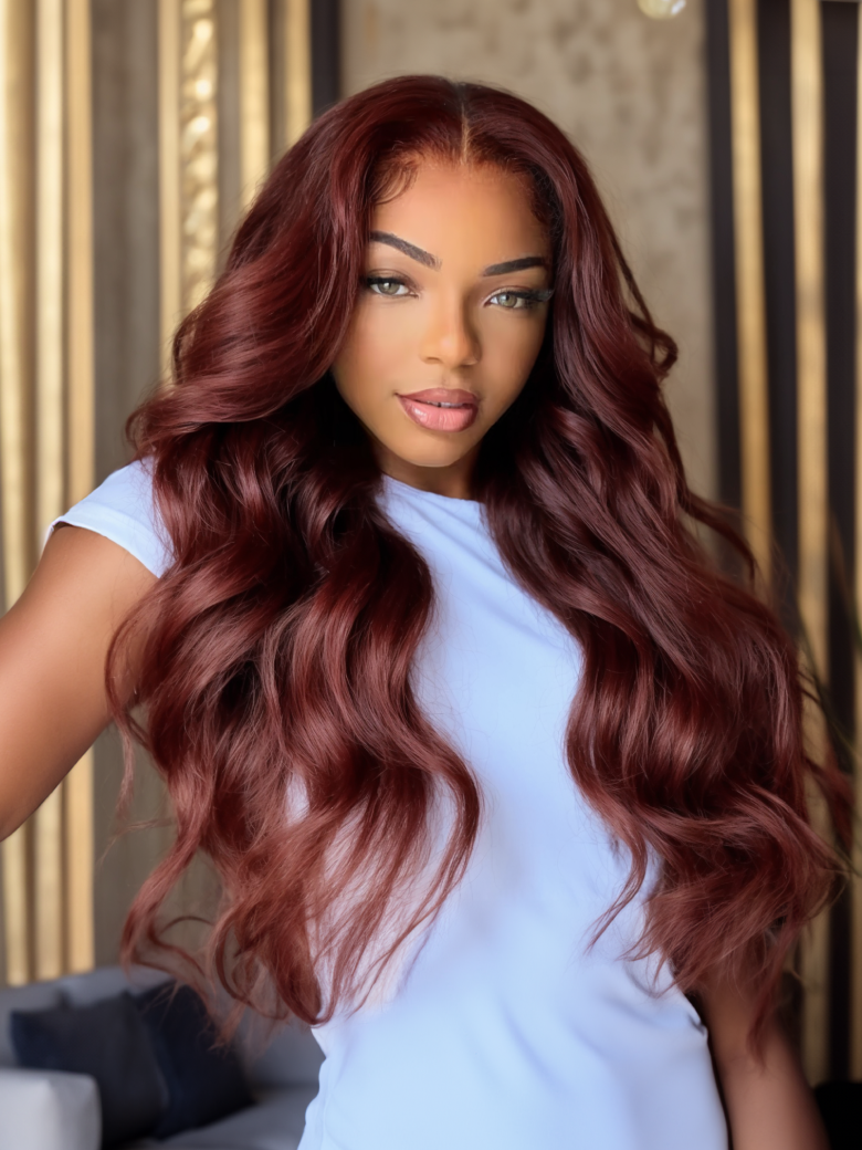 A model displays the UNice Dark Auburn Body Wave Remy Human Hair 3 Bundles With Closure Deal, showing a model with long red hair and body wave texture, bundle fullness.